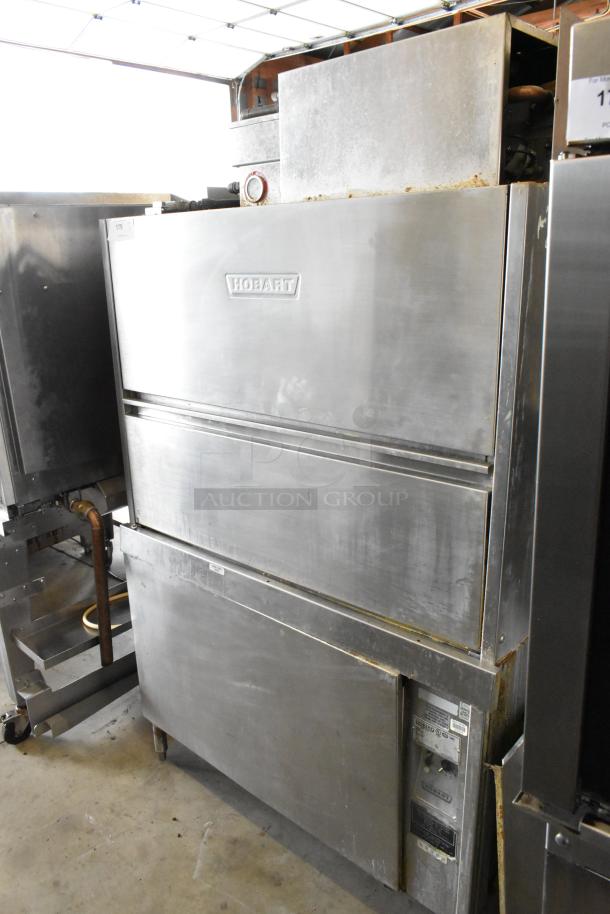 Hobart UW50 stainless steel commercial front load utensil washer with split door design, 208V, 3 phase, used condition.