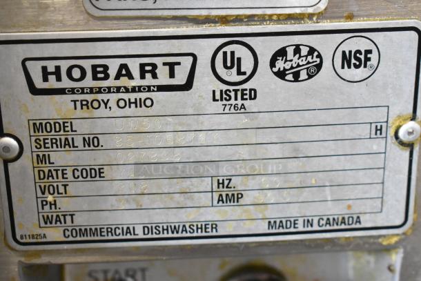 Hobart UW50 dishwasher label showing model, serial number, voltage (208V), phase (3), and UL, NSF certifications. Made in Canada.