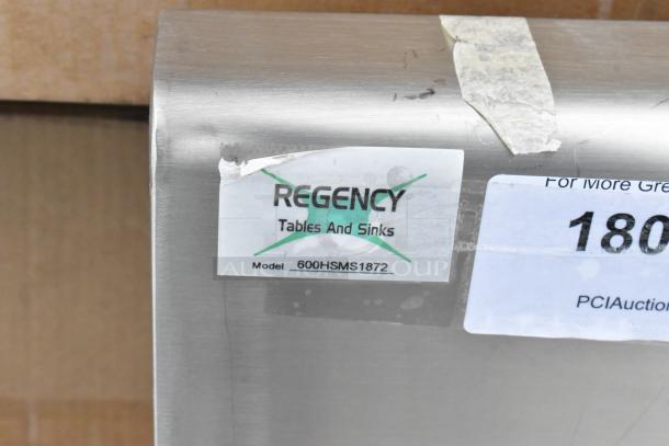 Brand new Regency wall-mounted hand sink, 72"x17.5", model 600HSMS1872, for 3 faucets. Scratch and dent condition.