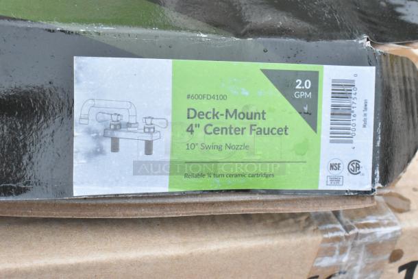 Deck-Mount 4" Center Faucet label, 10" swing nozzle, 2.0 GPM, #600FD4100, reliable ceramic cartridges, Made in Taiwan.