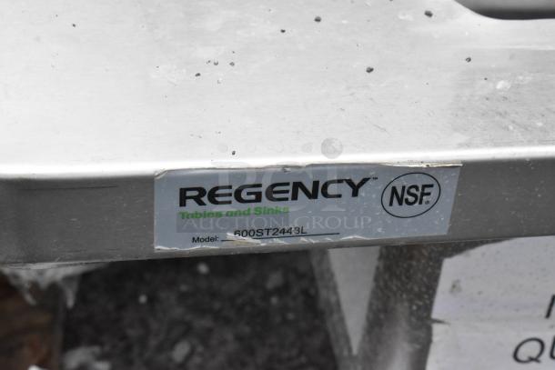Regency 600ST2448L stainless steel sink with visible scratch and dent, NSF certified label, brand new condition.