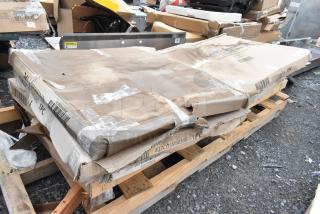 Package of 5 Lancaster Table & Seating Harbor Gray 36" Square Outdoor Tables, model 427COSM3636G, in damaged boxes.