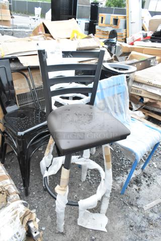 5 new Scratch and Dent chairs; 2 black metal bar height, 2 Tolix style black metal, 1 blue dining height.