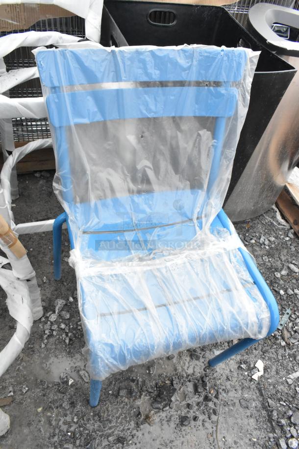 Blue dining height chair, brand new with protective plastic wrapping, part of a scratch and dent auction set.