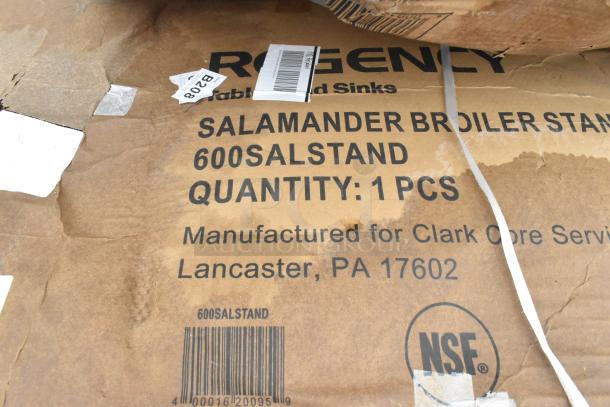 Brown box titled "Regency Salamander Broiler Stand, Model 600SALSTAND." Text indicates quantity as 1 piece with NSF logo.
