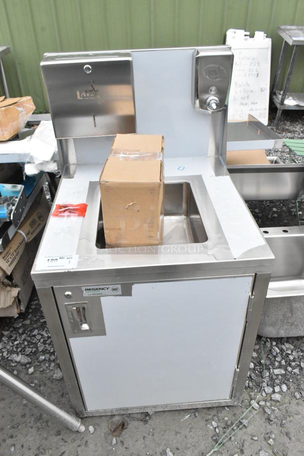 BRAND NEW Regency 600PHS24HC portable hand sink cart, stainless steel, single bowl, hot and cold, minor scratches.
