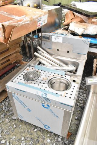 Brand new Advance Tabco PRCS-25-18 underbar hand sink with glass rinser and dipper well, 25" x 18", slight packaging damage.