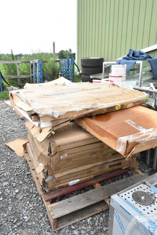 11 new items in damaged boxes, including 8 Lancaster 36"x36" outdoor tables and Metro 21"x72" wire shelf.