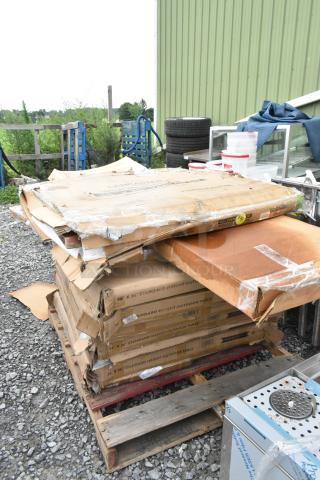 11 new items in damaged boxes, including 8 Lancaster 36"x36" outdoor tables and Metro 21"x72" wire shelf.