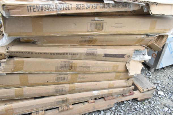 Auction items: 8 Lancaster 36"x36" emerald green outdoor tables and Metro 21"x72" wire shelf, brand new, scratch and dent condition.