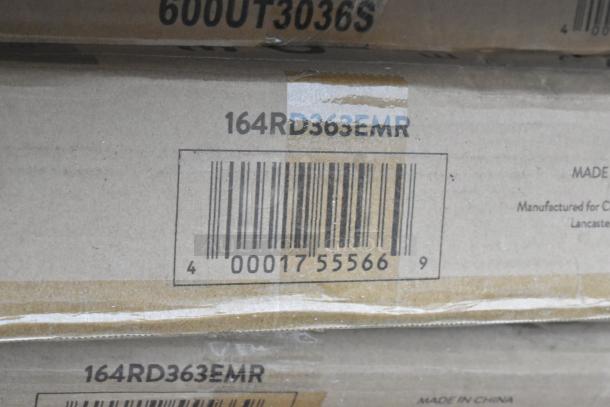 Packaging of 8 Lancaster Table & Seating Alloy Emerald Green Outdoor Tables marked 164RD363EMR, with barcode visible.