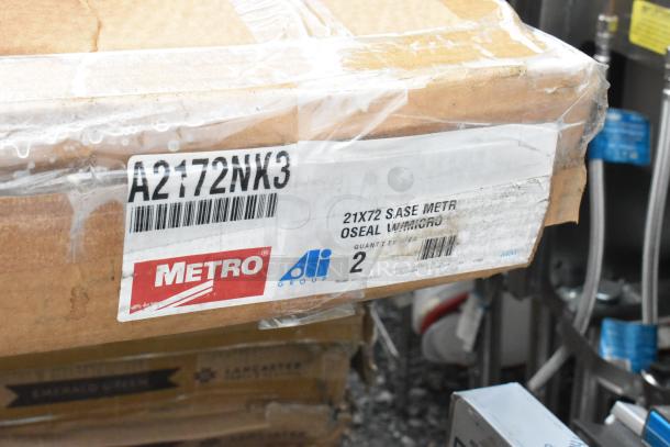 Cardboard box with Metro A2172NK3 label for a 21" x 72" Super Adjustable Metroseal 3 Wire Shelf, marked for quantity 2.