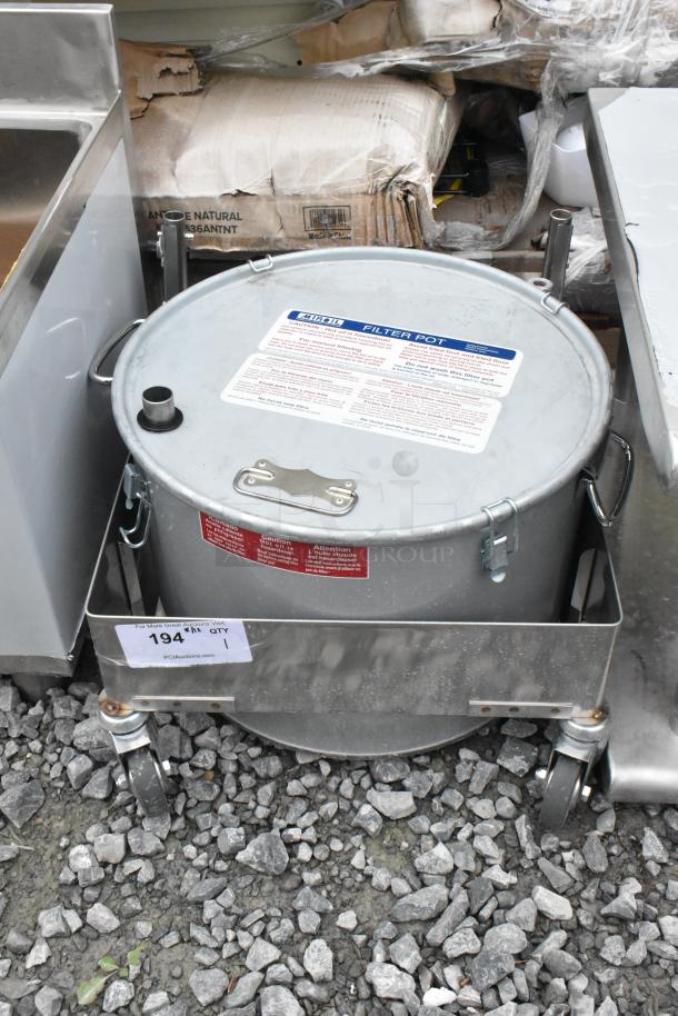 Brand new MirOil 55HD 55 lb. fryer oil filter machine, scratch and dent, with hand-operated one-way pump, labeled for safety.