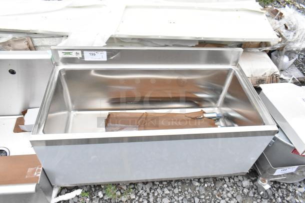 Brand new Regency 600IB1836 18" x 36" underbar ice bin with 119 lb capacity, minor scratch and dent, stainless steel finish.