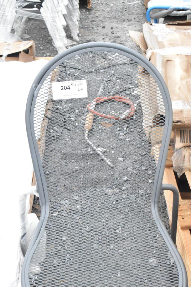 Brand new black mesh metal stackable patio chair; scratch and dent condition. Tag: Item 204, 10 chairs per bid.