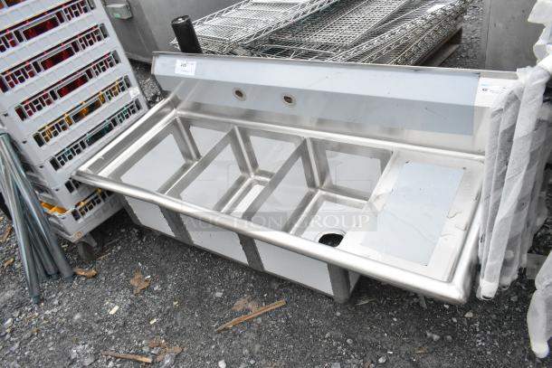 Brand new KoolMore SC121610-12R3 stainless steel 12x16x10 right 3-compartment kitchen sink, minor scratches visible.