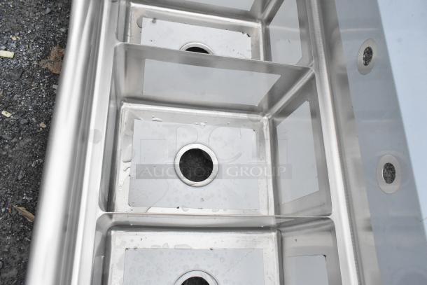BRAND NEW KoolMore SC121610-12R3 stainless steel 3-compartment sink, 12x16x10 inches, with minor dents visible.