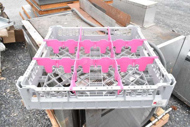Lot of 20 poly dish caddies, gray with pink dividers, durable material, suitable for dish organization, new condition.
