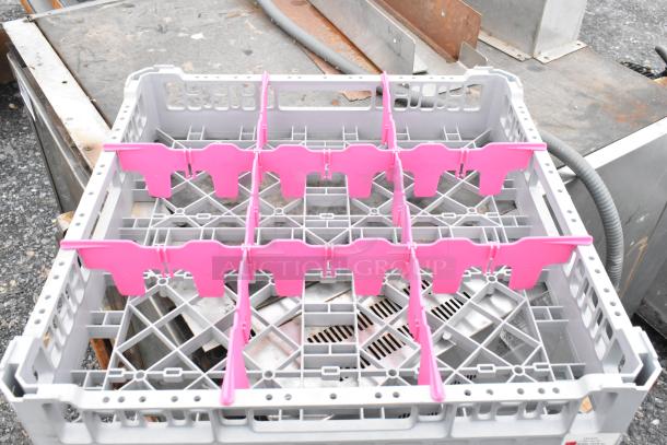 Lot of 20 poly dish caddies with pink dividers in used condition. Features durable construction for dish storage and transport.