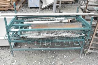 Lot of various items including a green metal dunnage style shelving unit. Used condition, visible wear and rust.