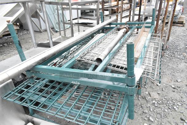 Lot of industrial items featuring a dunnage style shelving unit. Includes metal and wire components, fair condition.