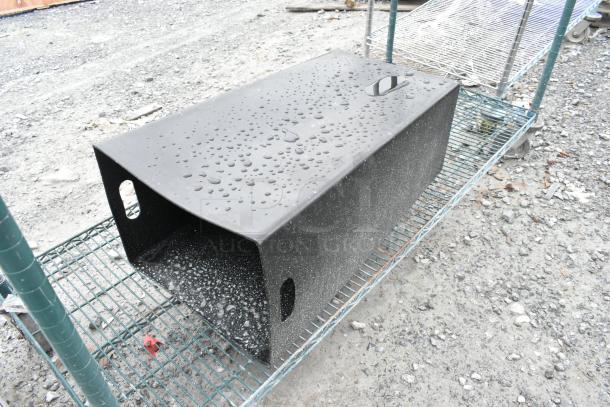 Green finish 3-tier wire shelving unit, sturdy construction, shown outdoors. Buyer must dismantle; consider freight.