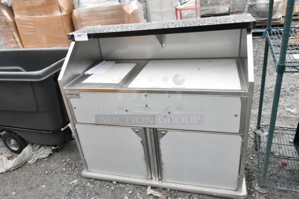 Regency 600PB48P 48" stainless steel portable bar with elixir station, speed rails, beer cooler, and ice bin. Scratch-damaged.