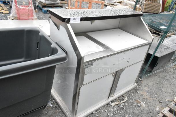 Brand new Regency 48" stainless steel portable bar with elixir station, two speed rails, beer cooler, and ice bin. Some dents visible.