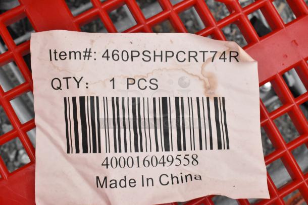 Regency 460PSHPCRT74R red plastic grocery cart, 7.4 cu. ft., tag shows item number and barcode. Made in China.
