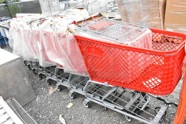 Red Regency 460PSHPCRT74R grocery carts, 7.4 cu. ft., brand new, wrapped, slight cosmetic scratches, auction lot of 8.