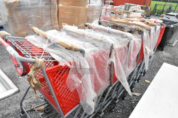 8 Regency 460PSHPCRT74R red grocery carts, 7.4 Cu. Ft., brand new scratch and dent condition, wrapped in protective material.