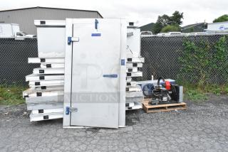 Mr Winter Walk In Box with Tecumseh AWA7512ZXDXC compressor and Bohn BEL0105AS6AMAB evaporator fan, stacked outdoors.