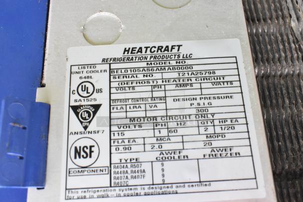 Label on Bohn BEL0105AS6AMAB0000 evaporator fan, showing model and serial number details, voltage, and certifications.