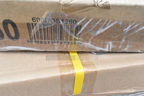 Sealed boxes of scratch and dent items, including stainless steel overshelves. Barcode and "600DOS1260" code visible.