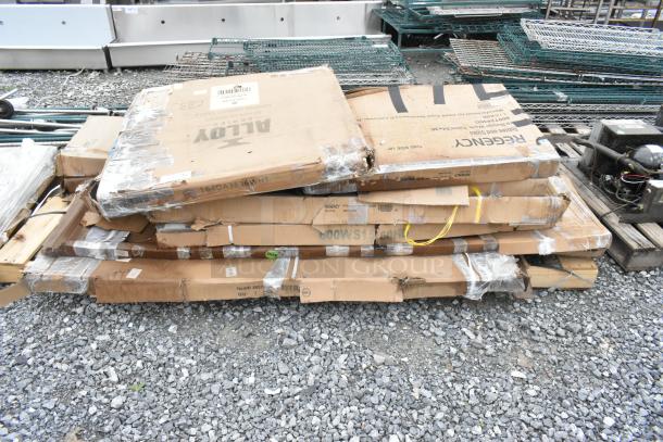 Eight brand new scratch and dent items including stainless steel work table, outdoor white table, wall shelf, in original packaging.