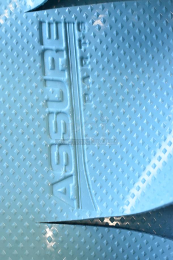 Assure Parts blue dishwasher ribbon curtain with embossed logo, textured surface, in good condition.