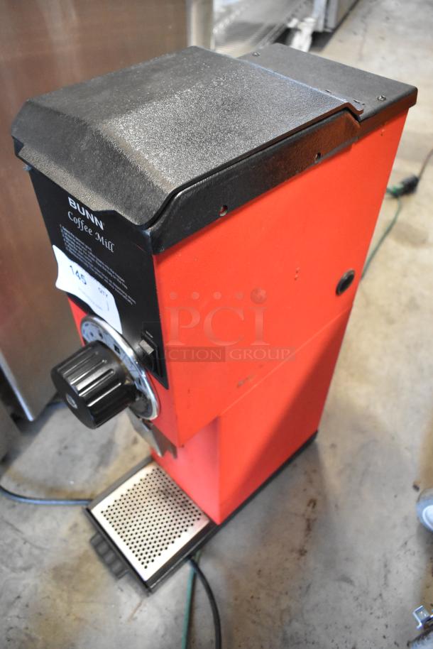 Bunn Metal Commercial Countertop Coffee Bean Grinder, 120V, 1 Phase, tested and working, red with black top.
