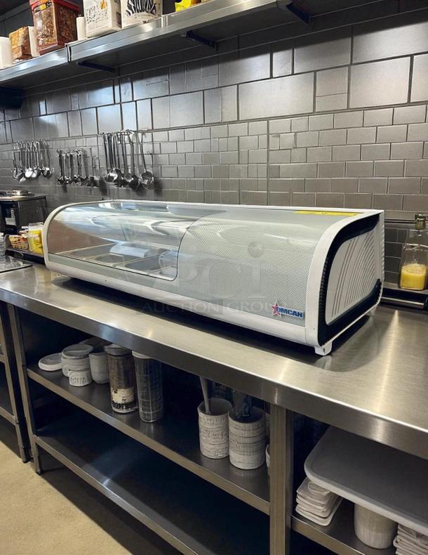 Omcan RS-CN-0042S Sushi Showcase, 46-inch, 42L capacity, excellent condition, tested and working, displayed on stainless steel counter.