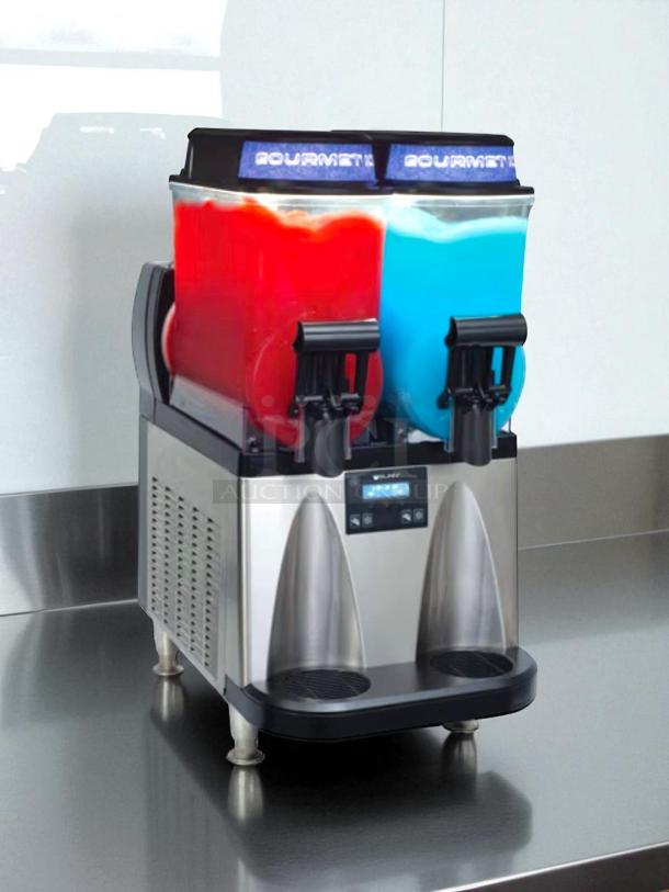Bunn 58000.0016 double 3-gallon slushy machine on counter, tested and working. Red and blue liquid in autofill containers.
