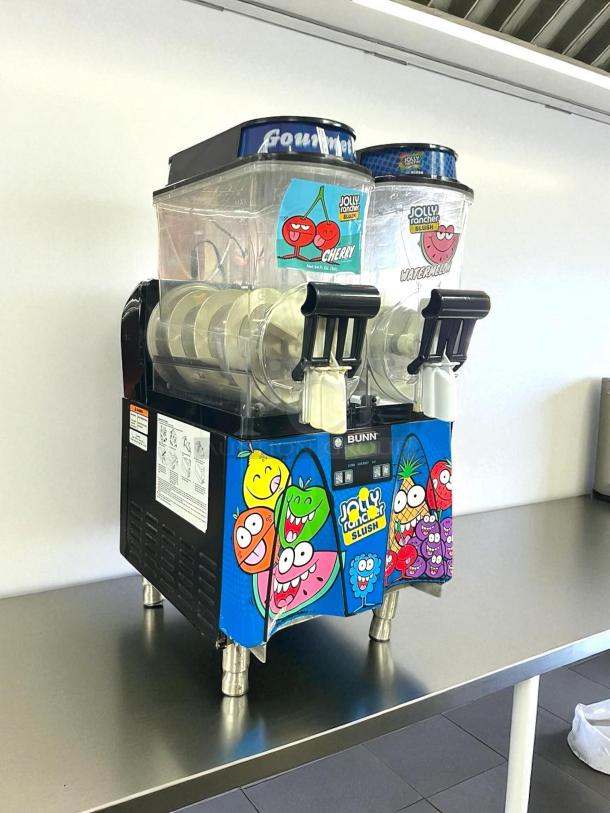 Bunn 58000.0016 double 3-gallon autofill slushy machine, tested and working, features fun Jolly Rancher graphics.