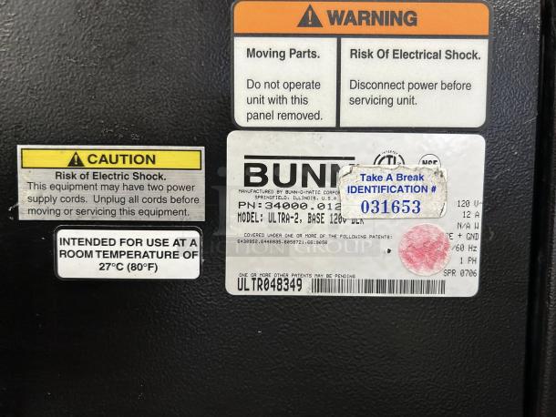 Bunn 58000.0016 beverage machine, autofill, double 3-gallon capacity, with caution labels for electric shock, tested and working.