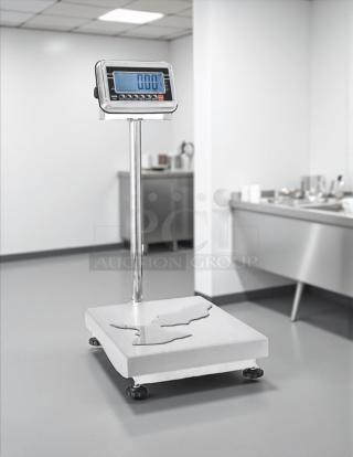 Uline Model H-5837 Washdown Platform Scale in great condition, 115v, tested and working, shown on a clean factory floor.