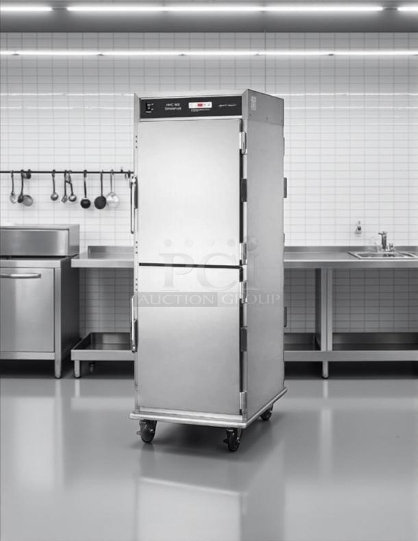 Brand new Henny Penny HHC-900 insulated stainless steel holding cabinet with SimpleHold controls, 120v, on casters.
