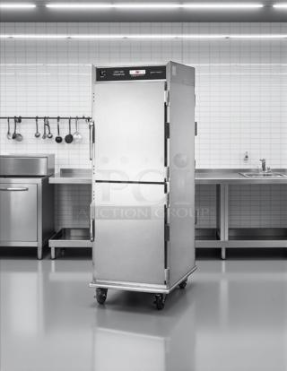 Brand new Henny Penny HHC-900 insulated stainless steel holding cabinet with SimpleHold controls, 120v, on casters.