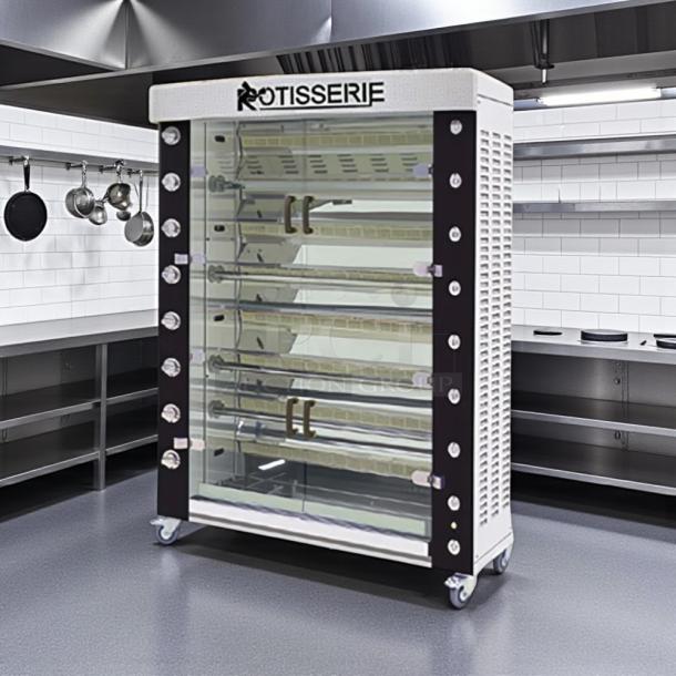 Rotisol USA FB1400-8G-SS gas rotisserie, 8 spit, 48 bird capacity, natural gas, great condition, commercial kitchen setting.