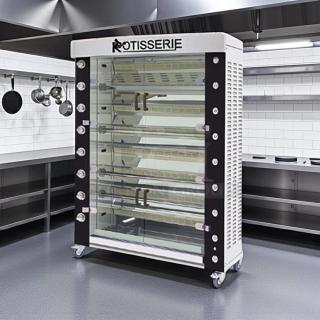 Rotisol USA FB1400-8G-SS gas rotisserie, 8 spit, 48 bird capacity, natural gas, great condition, commercial kitchen setting.