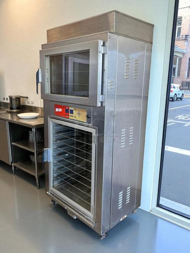 NU-VU SUB-123P 2-in-1 electric proofer and oven, stainless steel, tested working, visible controls, on wheels, 208v/1ph.