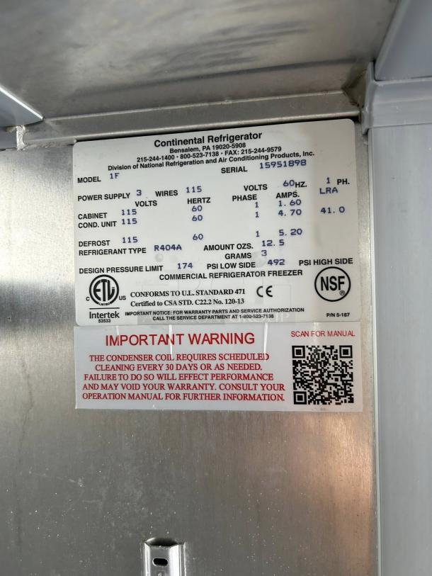 Continental Refrigerator model 1F label, showing technical specifications, warnings, and QR code for manual access.