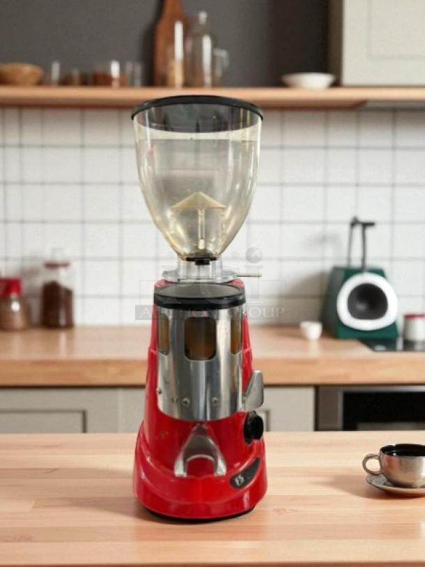 Fiorenzato F5 Automatic Coffee Grinder, red and silver finish, 350W, 115V, fully tested, excellent condition.