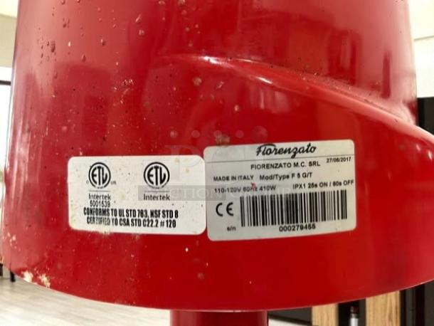 Fiorenzato F5 Automatic Coffee Grinder, red, 350 watts, fully tested. Label indicates 110-120V, ETL certified.